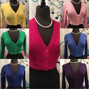 💐YeMak Women's V-Neck Button-Up Crop Sweater Cardigan